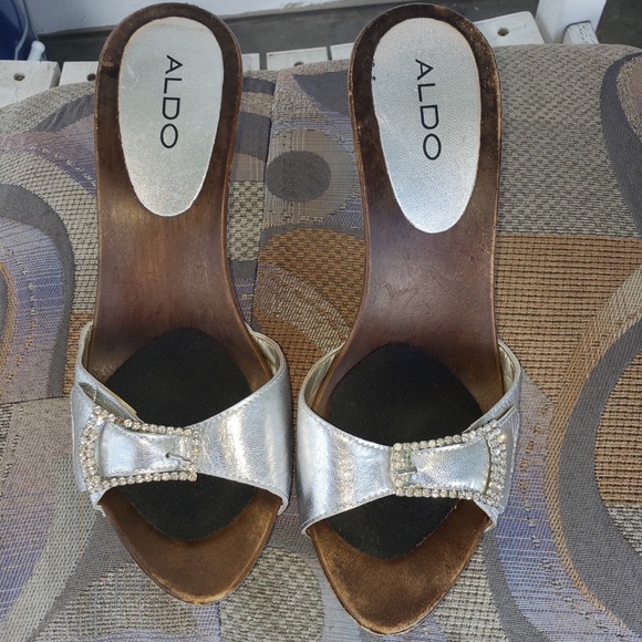 Aldo Shoes - Aldo Silver Metallic Peep Toe Heel Slip On Sandal